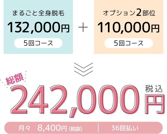 全身脱毛+オプション2部位 総額220,000円!月額7,700円